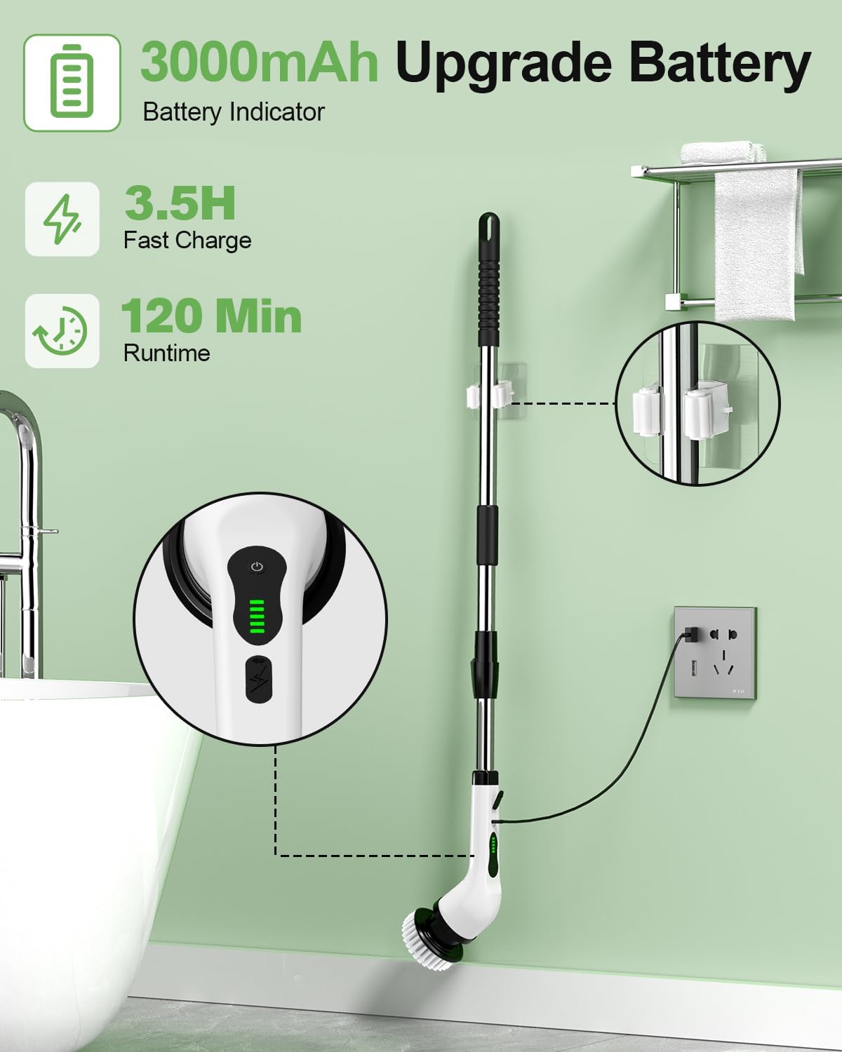 Electric Spin Scrubber, Cordless Cleaning Brush, Shower Scrubber with 9 Pads for Floor Machine, 2H Power Dual Speed, Adjustable Extension Handle, IPX7 Waterproof for Tub Tile Floor Car, O-White.