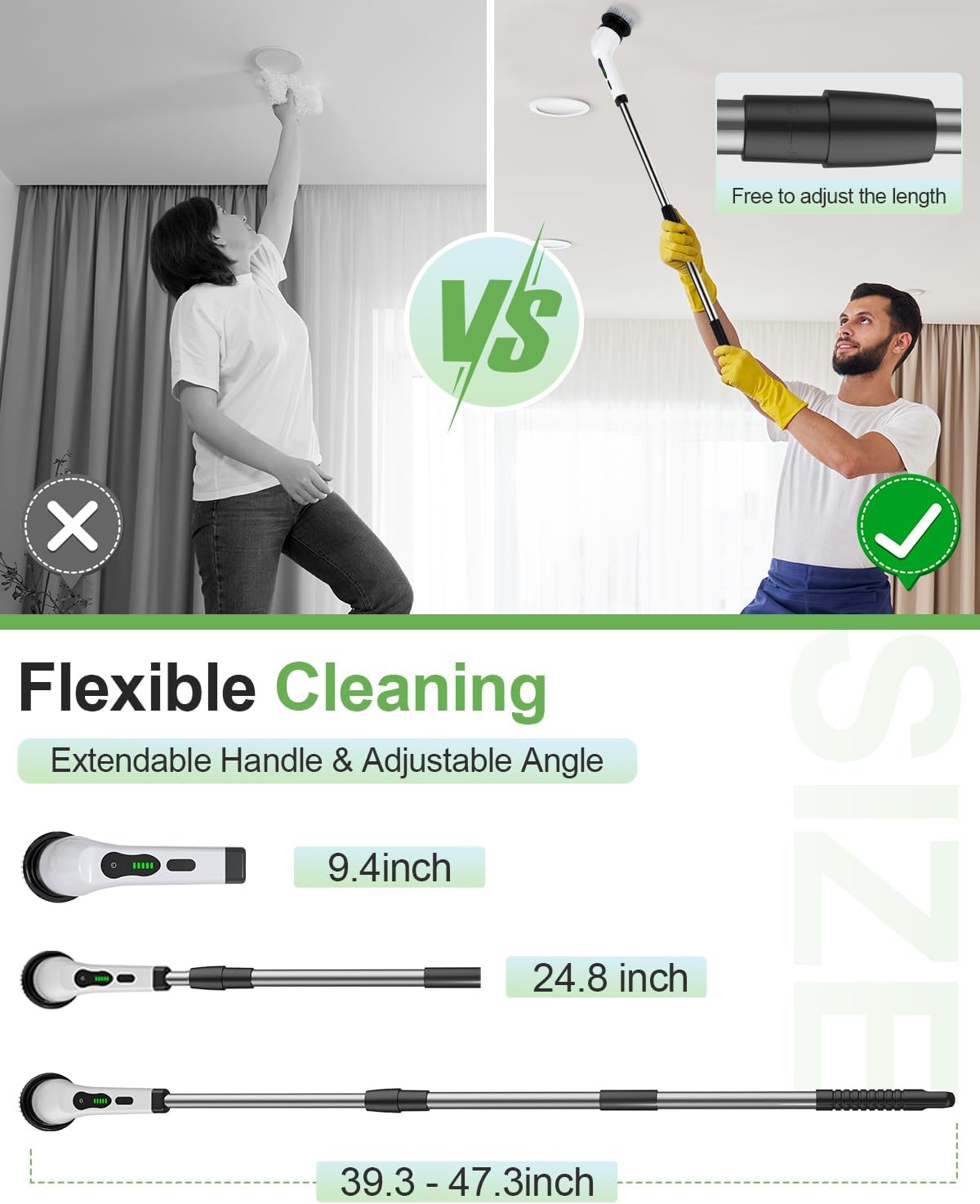 Electric Spin Scrubber, Cordless Cleaning Brush, Shower Scrubber with 9 Pads for Floor Machine, 2H Power Dual Speed, Adjustable Extension Handle, IPX7 Waterproof for Tub Tile Floor Car, O-White.