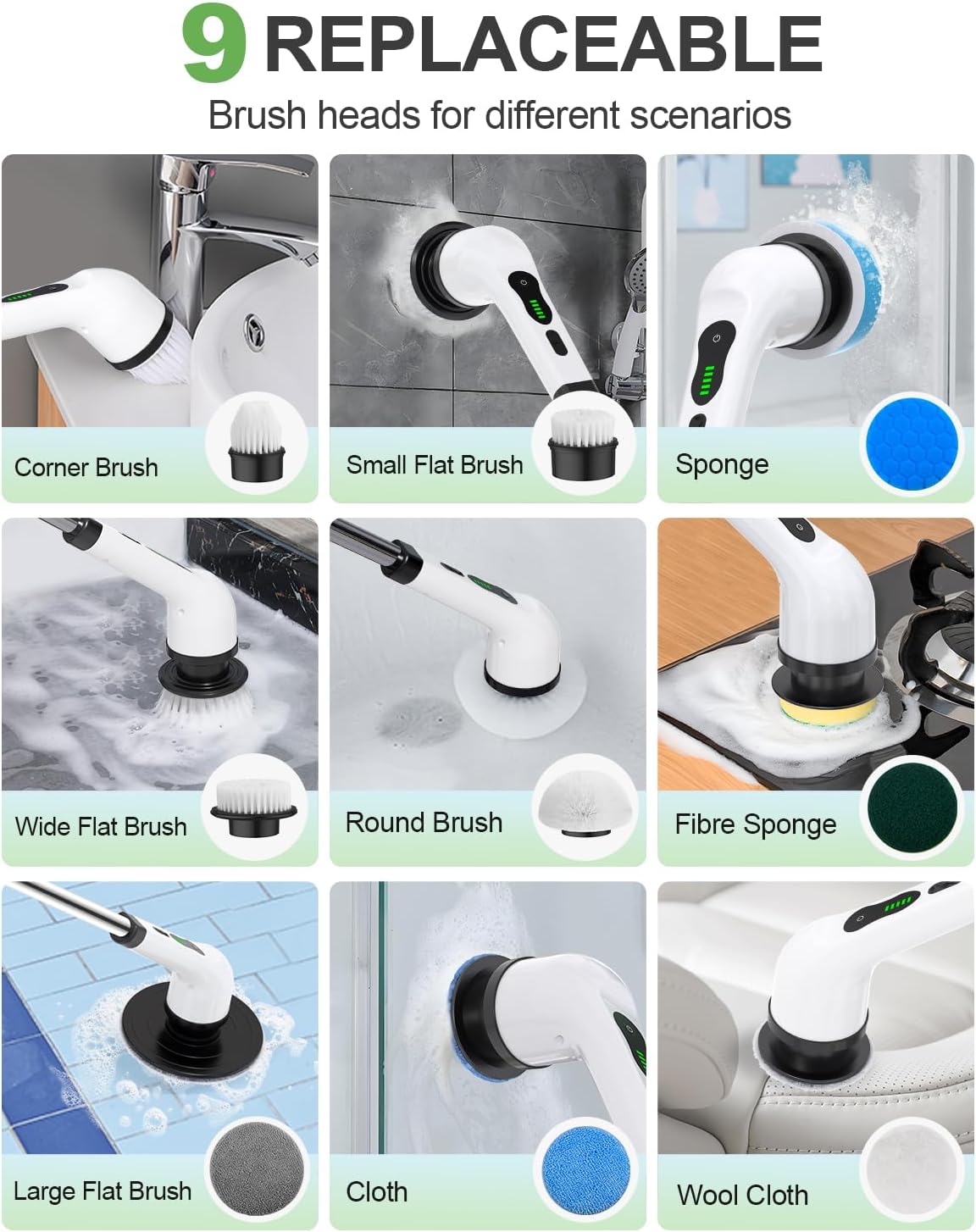 Electric Spin Scrubber, Cordless Cleaning Brush, Shower Scrubber with 9 Pads for Floor Machine, 2H Power Dual Speed, Adjustable Extension Handle, IPX7 Waterproof for Tub Tile Floor Car, O-White.