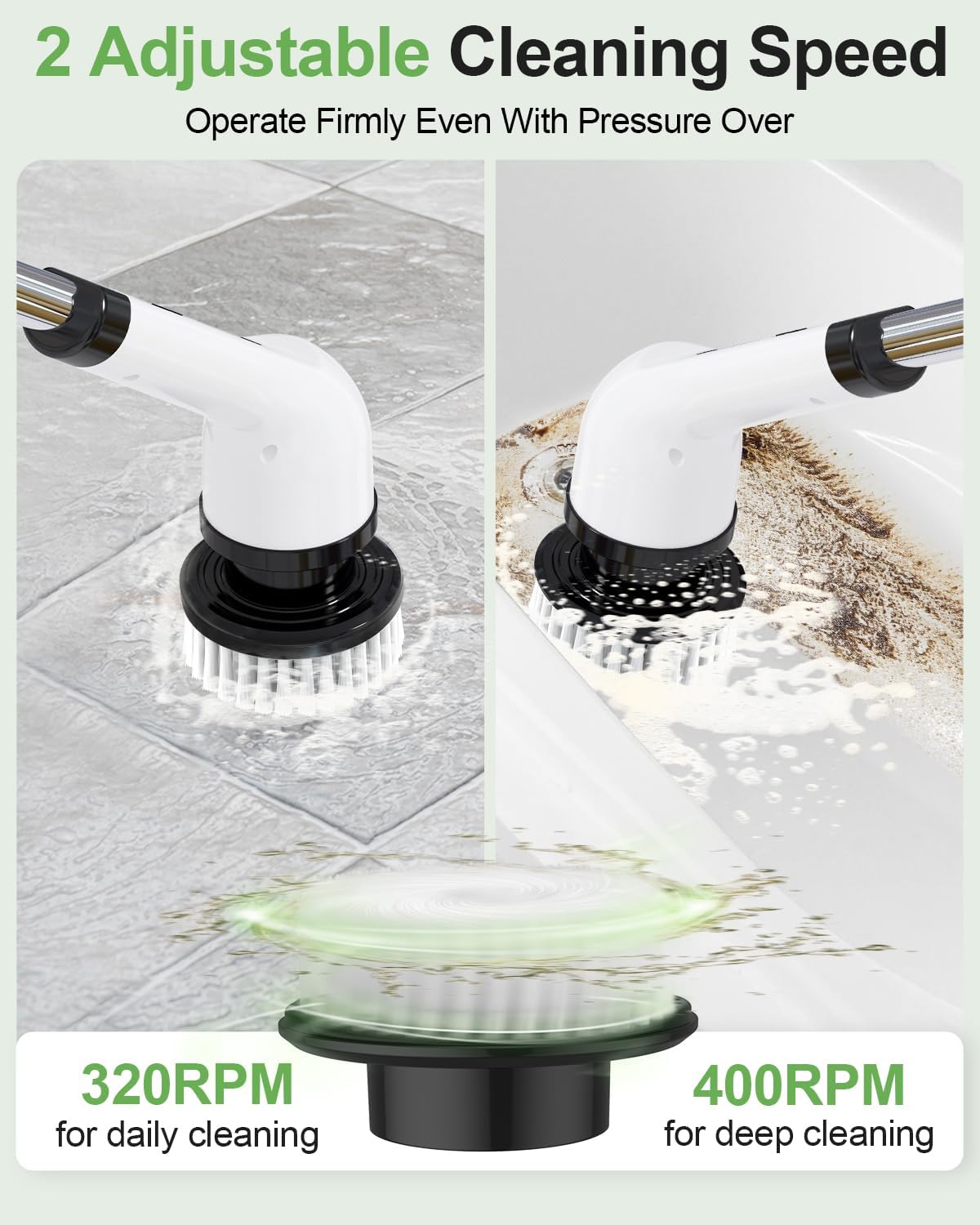 Electric Spin Scrubber, Cordless Cleaning Brush, Shower Scrubber with 9 Pads for Floor Machine, 2H Power Dual Speed, Adjustable Extension Handle, IPX7 Waterproof for Tub Tile Floor Car, O-White.