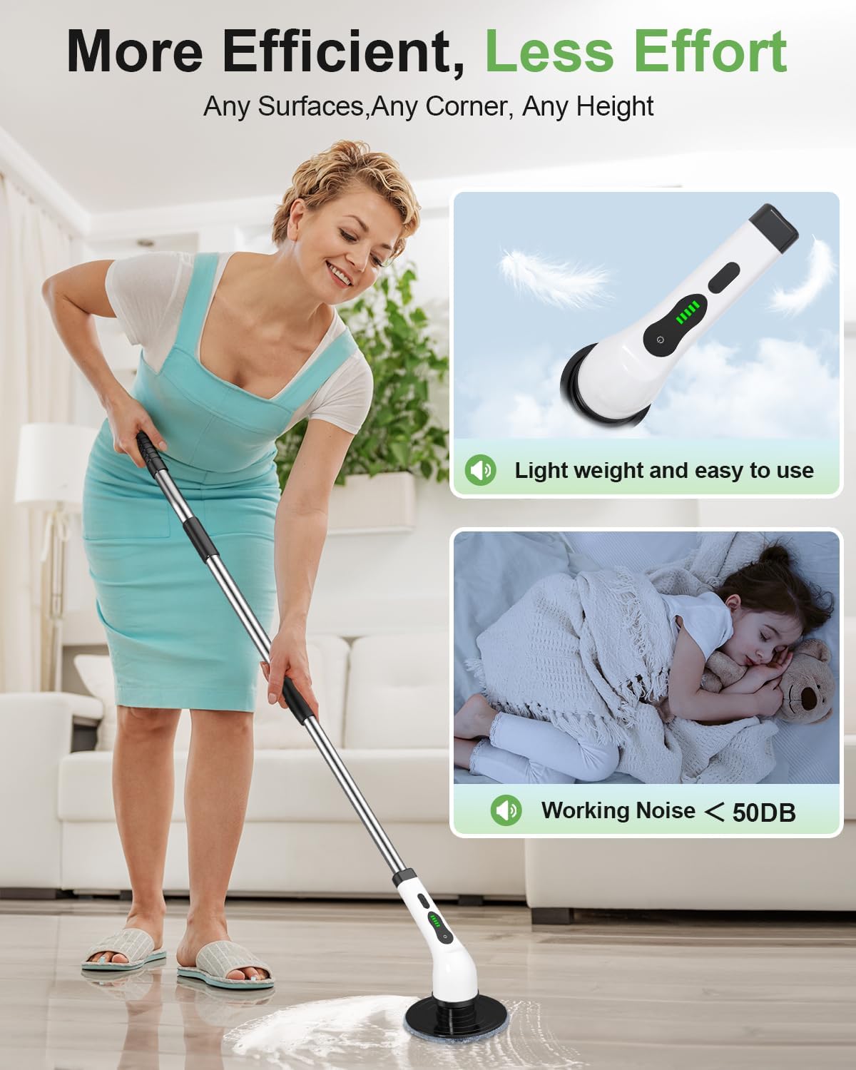 Electric Spin Scrubber, Cordless Cleaning Brush, Shower Scrubber with 9 Pads for Floor Machine, 2H Power Dual Speed, Adjustable Extension Handle, IPX7 Waterproof for Tub Tile Floor Car, O-White.