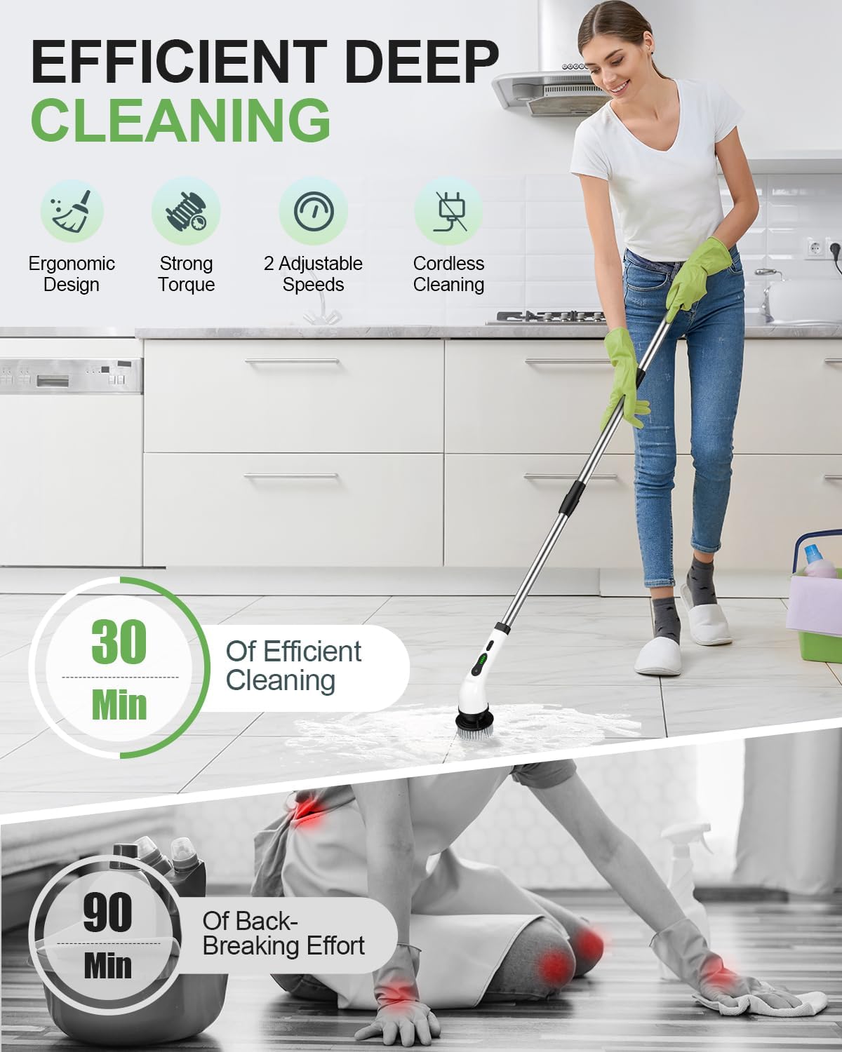 Electric Spin Scrubber, Cordless Cleaning Brush, Shower Scrubber with 9 Pads for Floor Machine, 2H Power Dual Speed, Adjustable Extension Handle, IPX7 Waterproof for Tub Tile Floor Car, O-White.