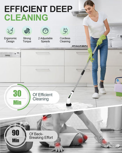 Electric Spin Scrubber, Cordless Cleaning Brush, Shower Scrubber with 9 Pads for Floor Machine, 2H Power Dual Speed, Adjustable Extension Handle, IPX7 Waterproof for Tub Tile Floor Car, O-White.