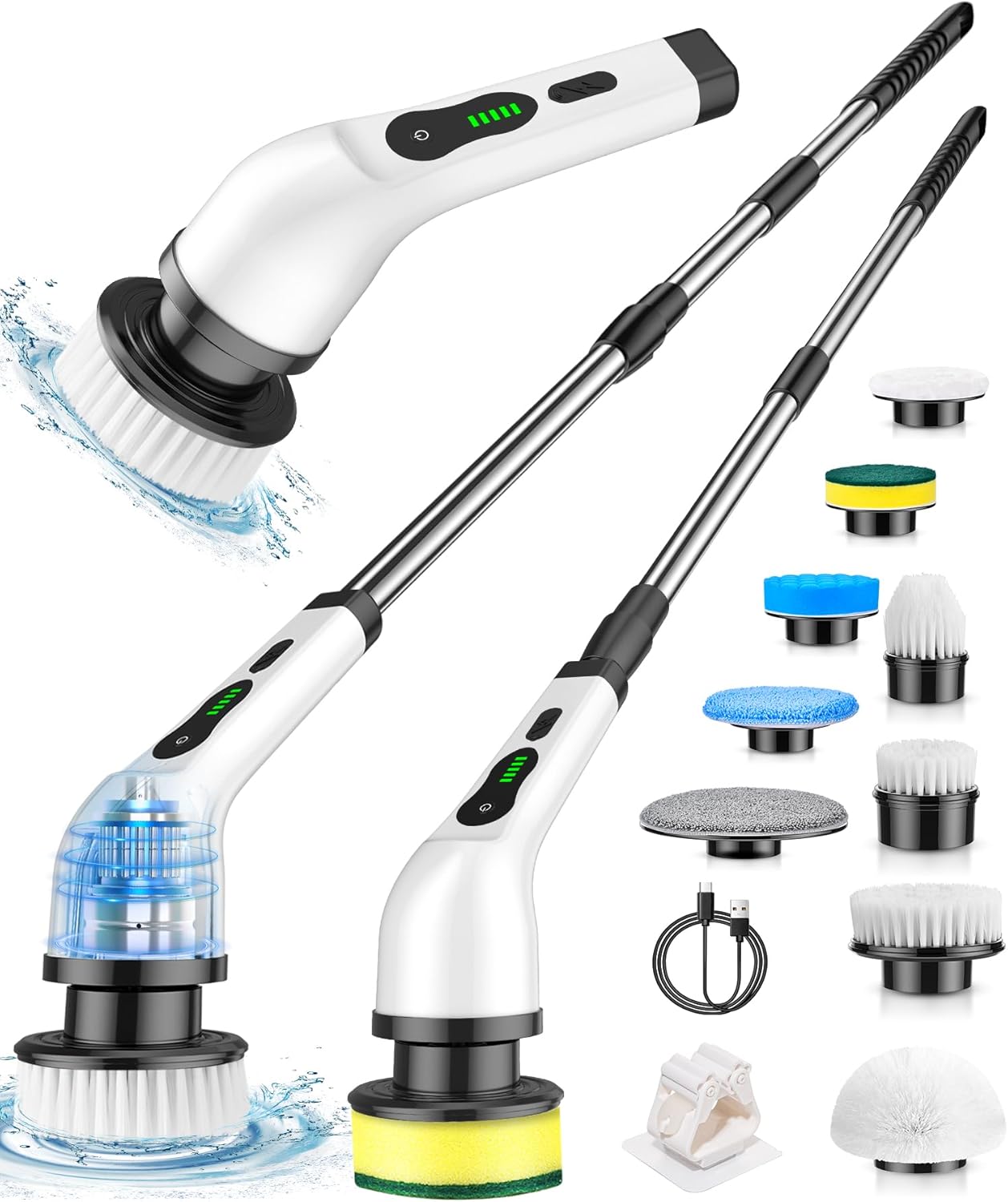 Electric Spin Scrubber, Cordless Cleaning Brush, Shower Scrubber with 9 Pads for Floor Machine, 2H Power Dual Speed, Adjustable Extension Handle, IPX7 Waterproof for Tub Tile Floor Car, O-White.